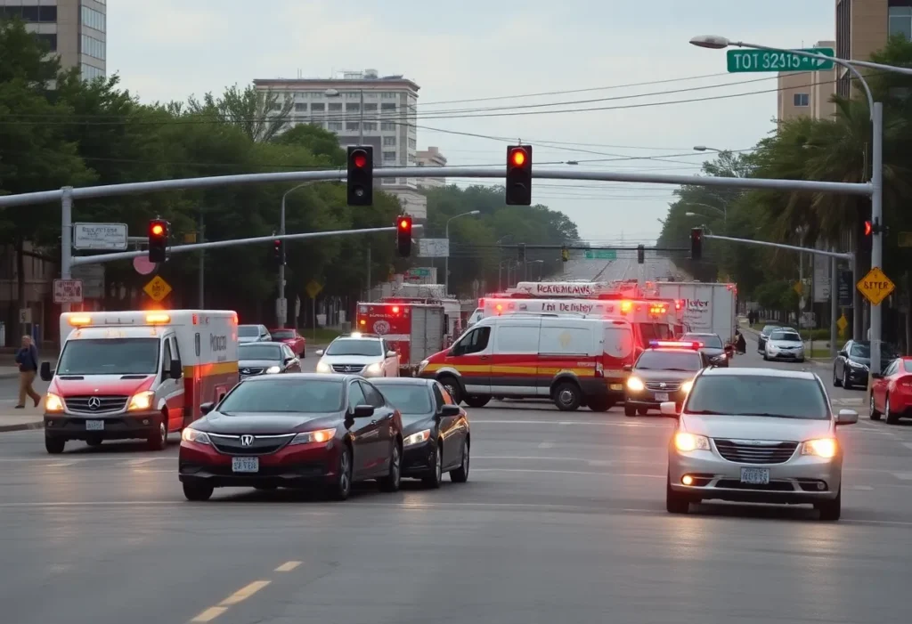 Scene of a fire truck collision in Memphis with emergency vehicles responding