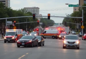 Scene of a fire truck collision in Memphis with emergency vehicles responding