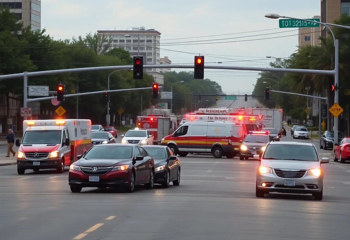 Scene of a fire truck collision in Memphis with emergency vehicles responding