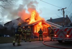 Firefighters extinguishing a house fire