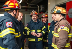 Firefighters at a station discussing their work environment.
