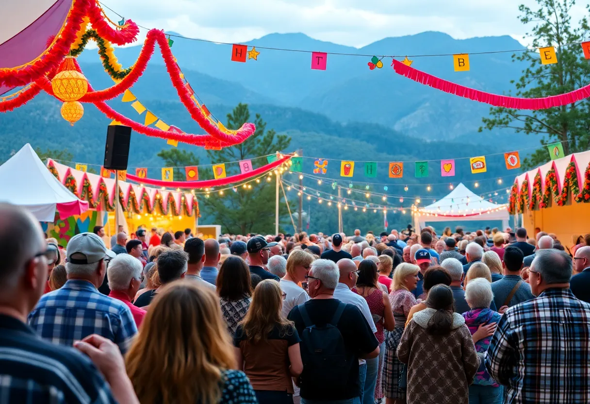 Audience enjoying gospel music at the Gaither Family Fest in Gatlinburg, surrounded by the Smoky Mountains.