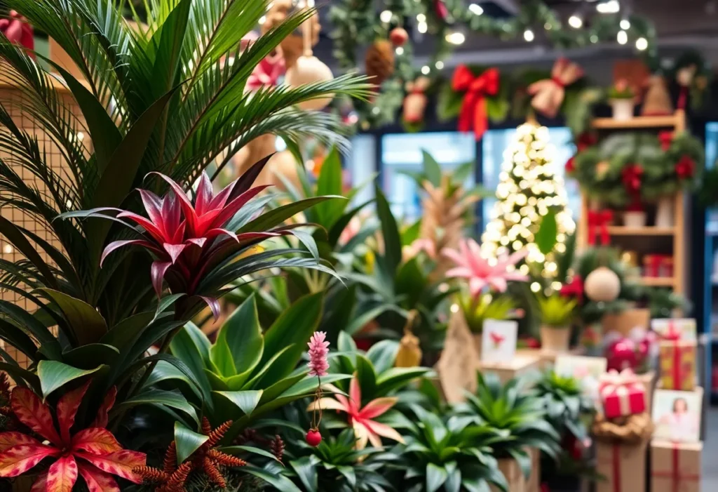 Seasonal shop display of tropical plants and botanical gifts.