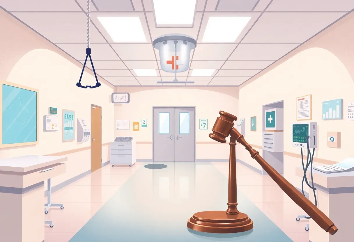 Illustration of medical devices in a facility representing legal issues.