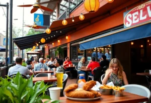 Outdoor patio of Hattie B's Hot Chicken restaurant in Germantown filled with happy diners.