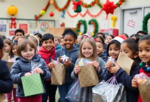 Children receiving holiday gifts at Vollentine Elementary School in Memphis