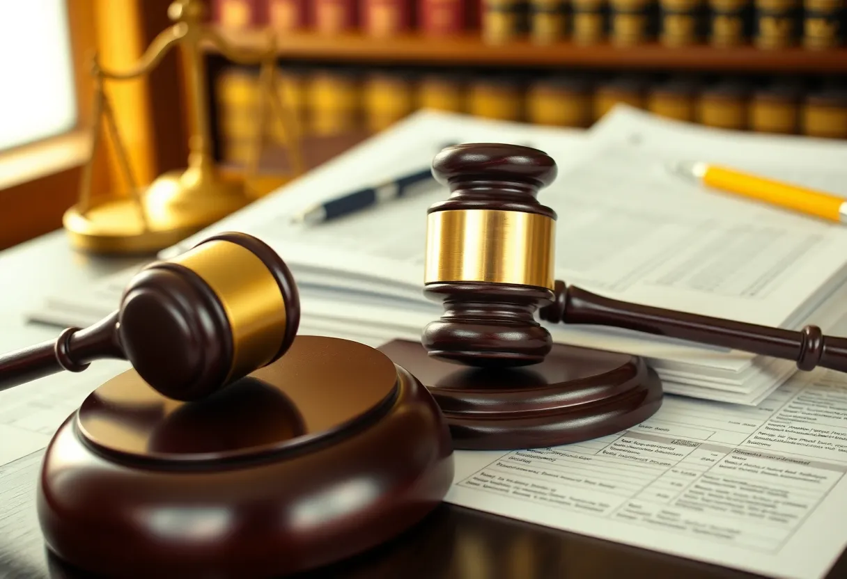 Image depicting judicial office paperwork and a gavel.