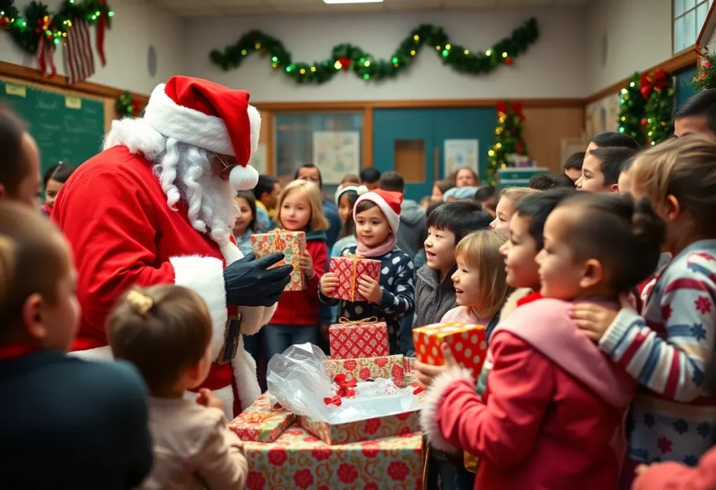 Children at KIPP Collegiate Elementary receiving gifts from Santa Claus during a holiday event.