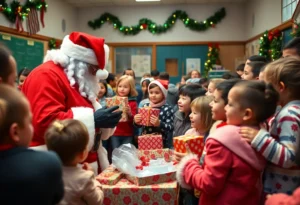 Children at KIPP Collegiate Elementary receiving gifts from Santa Claus during a holiday event.