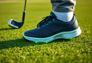 Golf shoes with sensors on a green field
