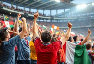 Crowd at a major sporting event celebrating with flags