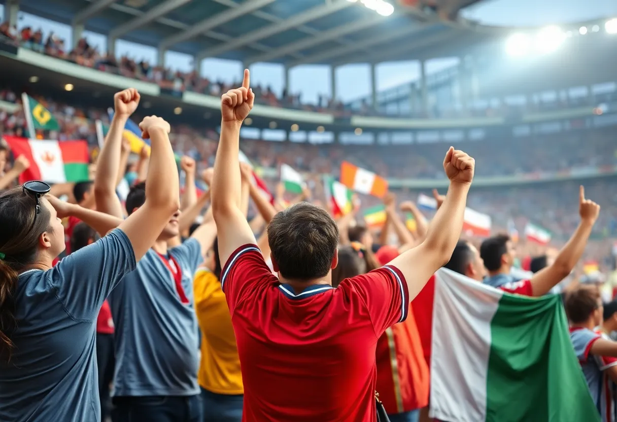 Crowd at a major sporting event celebrating with flags