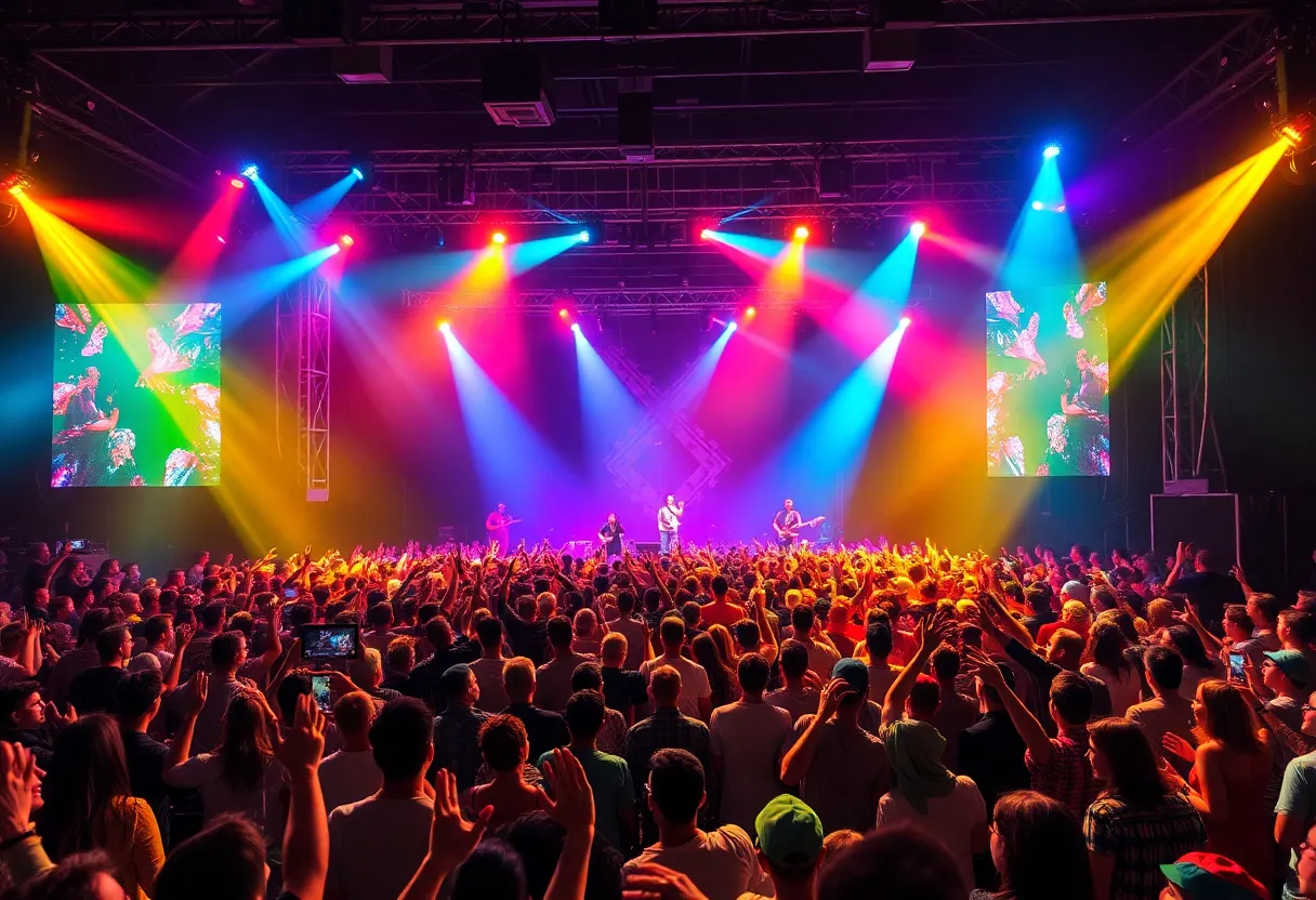 Live performance of Marilyn Manson in concert with an enthusiastic crowd.