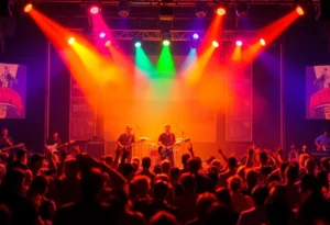 Live performance by a rock band featuring dramatic stage lighting and energetic audience.
