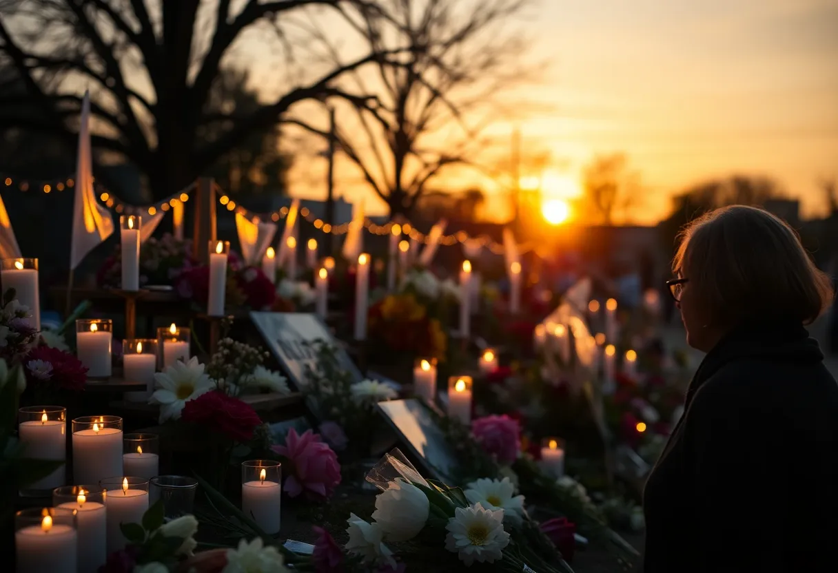 Candlelight memorial setup for a teenager who lost his life, surrounded by flowers.