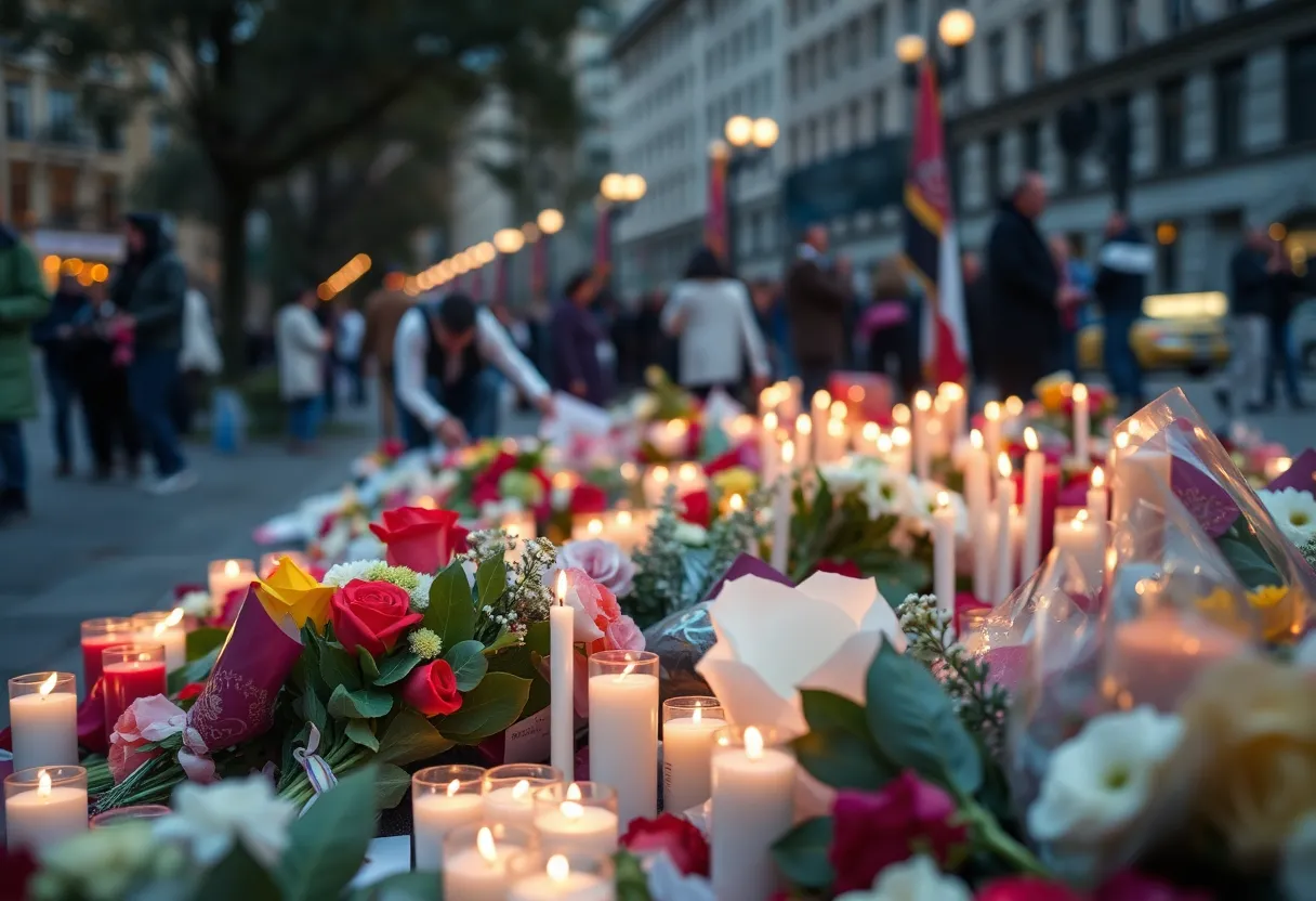 Vigil candles and flowers at a memorial for a tragic incident in a city.