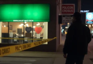 Scene of a robbery outside a Memphis business at night