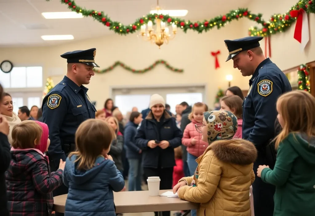 Community members enjoying the Memphis Christmas event with police officers and festive decorations.