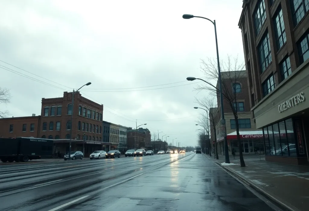 A cold, rainy day in Memphis with wet streets and cloudy skies