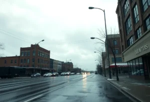 A cold, rainy day in Memphis with wet streets and cloudy skies