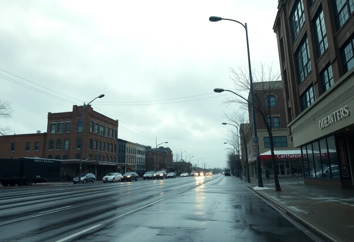 A cold, rainy day in Memphis with wet streets and cloudy skies