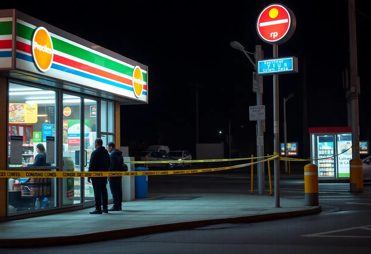 Scene of a convenience store shooting with police tape