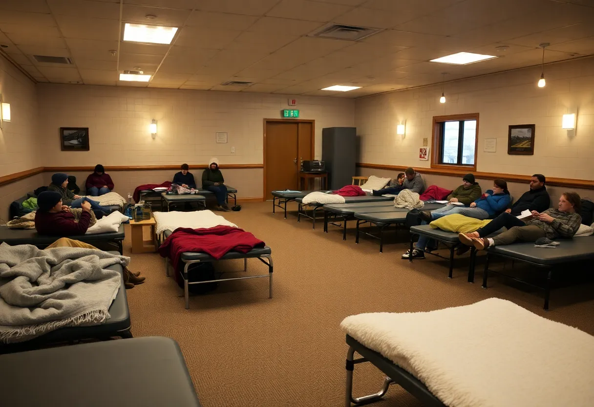 Interior view of the Memphis warming center showing cots and blankets.