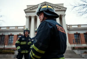 Firefighters attending a city council meeting
