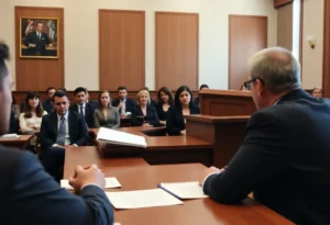 Courtroom scene during the jury selection for a gynecologist trial