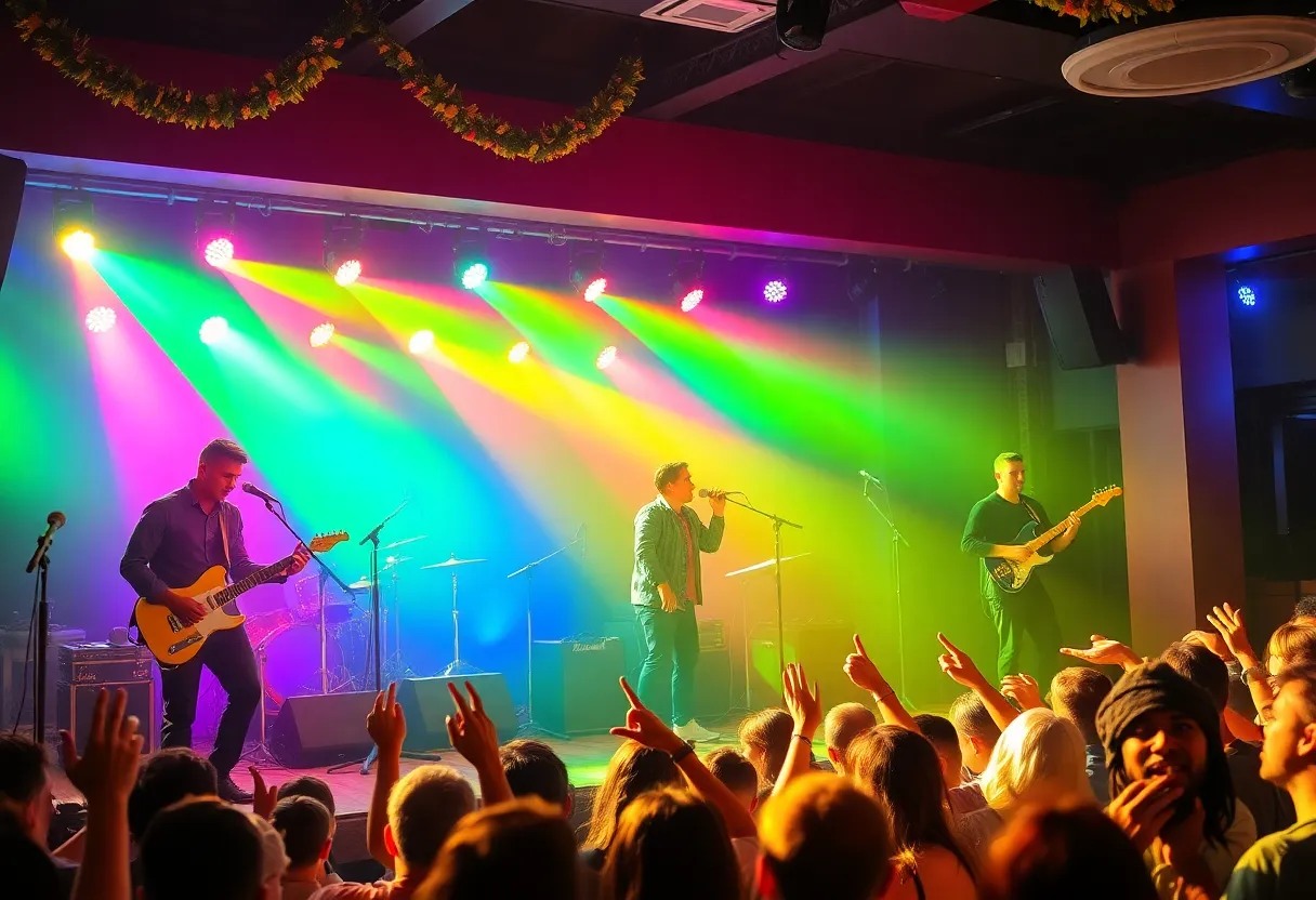 A lively holiday concert in Memphis with musicians and joyful audience.