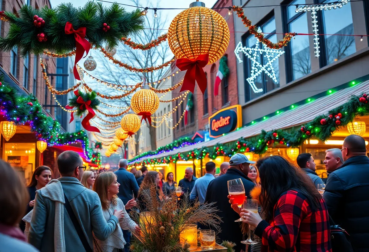 People enjoying holiday pop-up bars in Memphis with festive decorations.