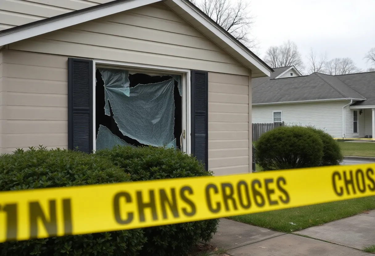 Residential burglary scene in Memphis with broken window and police tape.