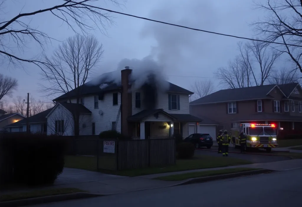 Scene depicting the aftermath of a house fire in Memphis, with firefighters in action.