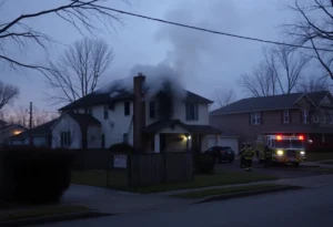 Scene depicting the aftermath of a house fire in Memphis, with firefighters in action.