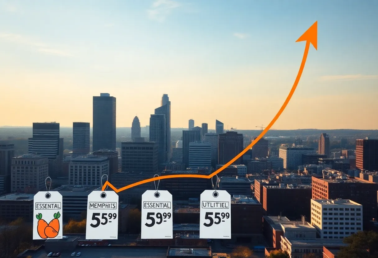 Skyline of Memphis illustrating inflation trends with price tags and arrows