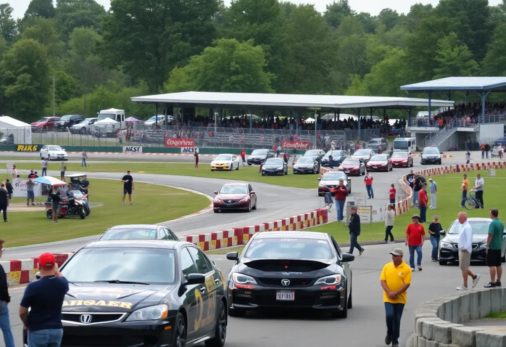 Motorsports park with racing cars and fans enjoying the event.