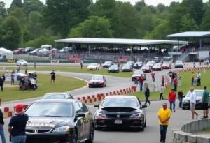 Motorsports park with racing cars and fans enjoying the event.