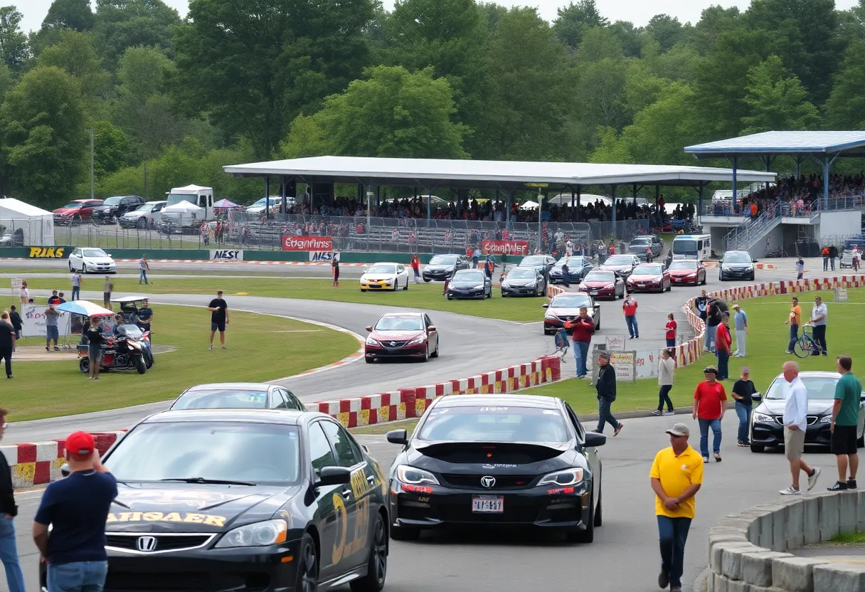 Motorsports park with racing cars and fans enjoying the event.