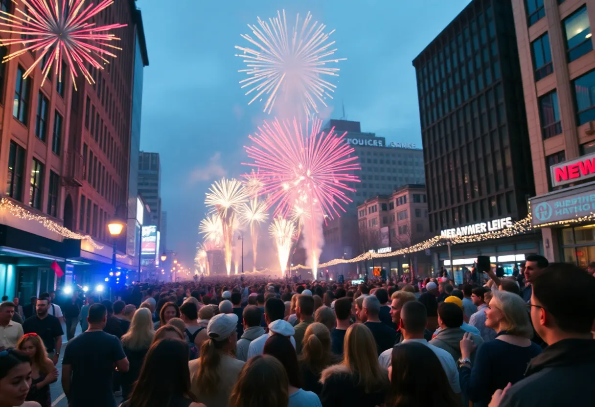 Vibrant crowd celebrating New Year's Eve in Memphis with fireworks and music