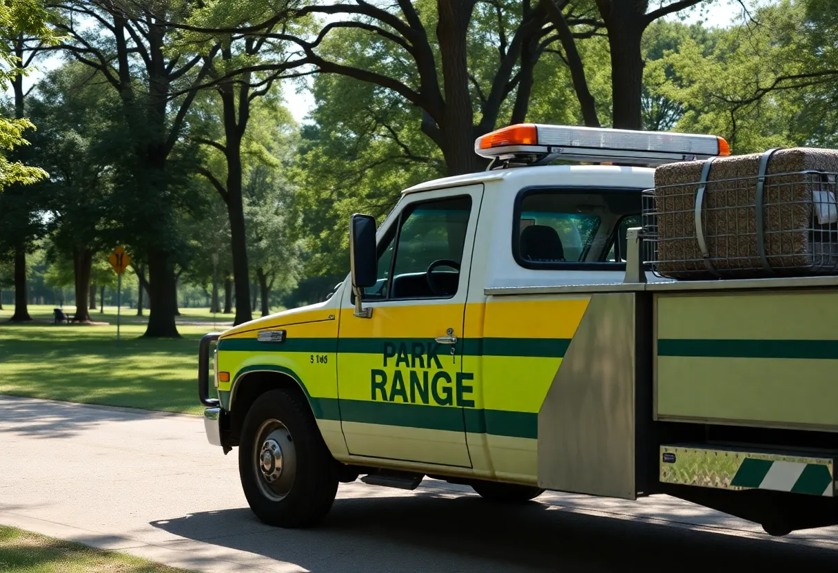 Work truck of Memphis park rangers in a park.