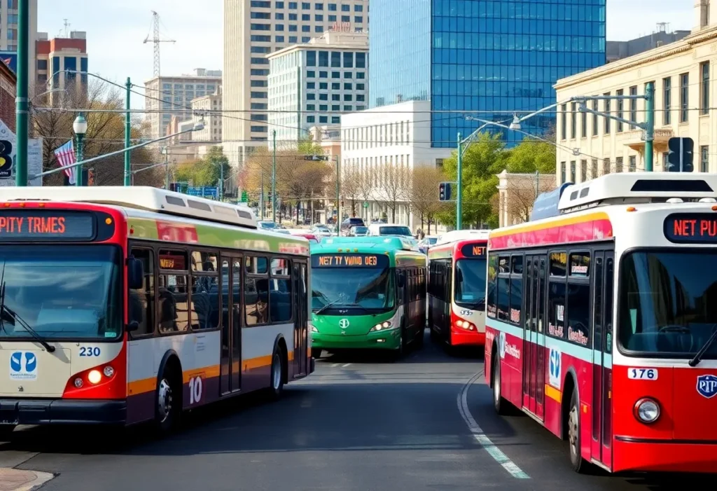 Buses and trolley cars in downtown Memphis reflecting improvements in public transit.