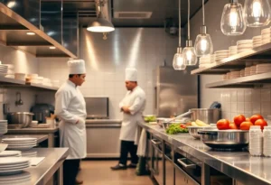 Clean kitchen in a Memphis restaurant with chefs working