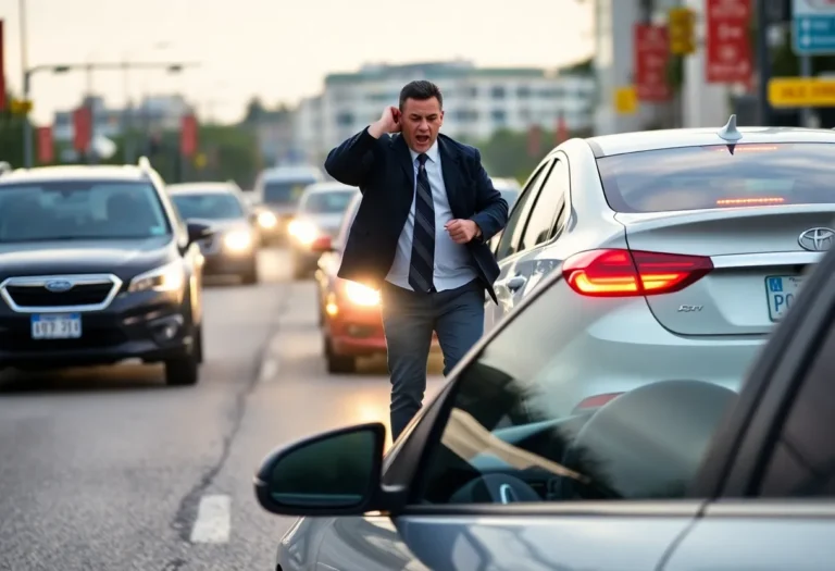 Road rage incident with vehicles and a tense atmosphere.