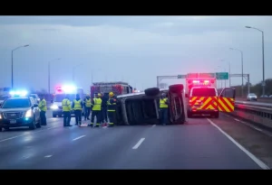 Traffic accident scene with overturned vehicles on I-40 West in Memphis