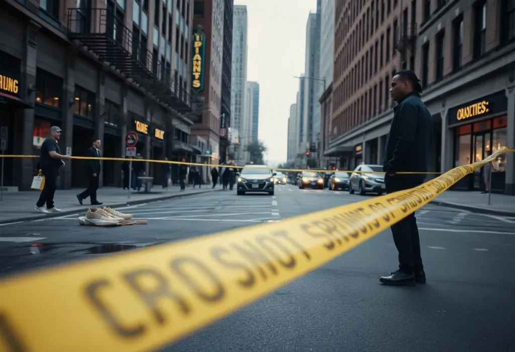 Urban scene showing a downtown area related to a shooting incident.