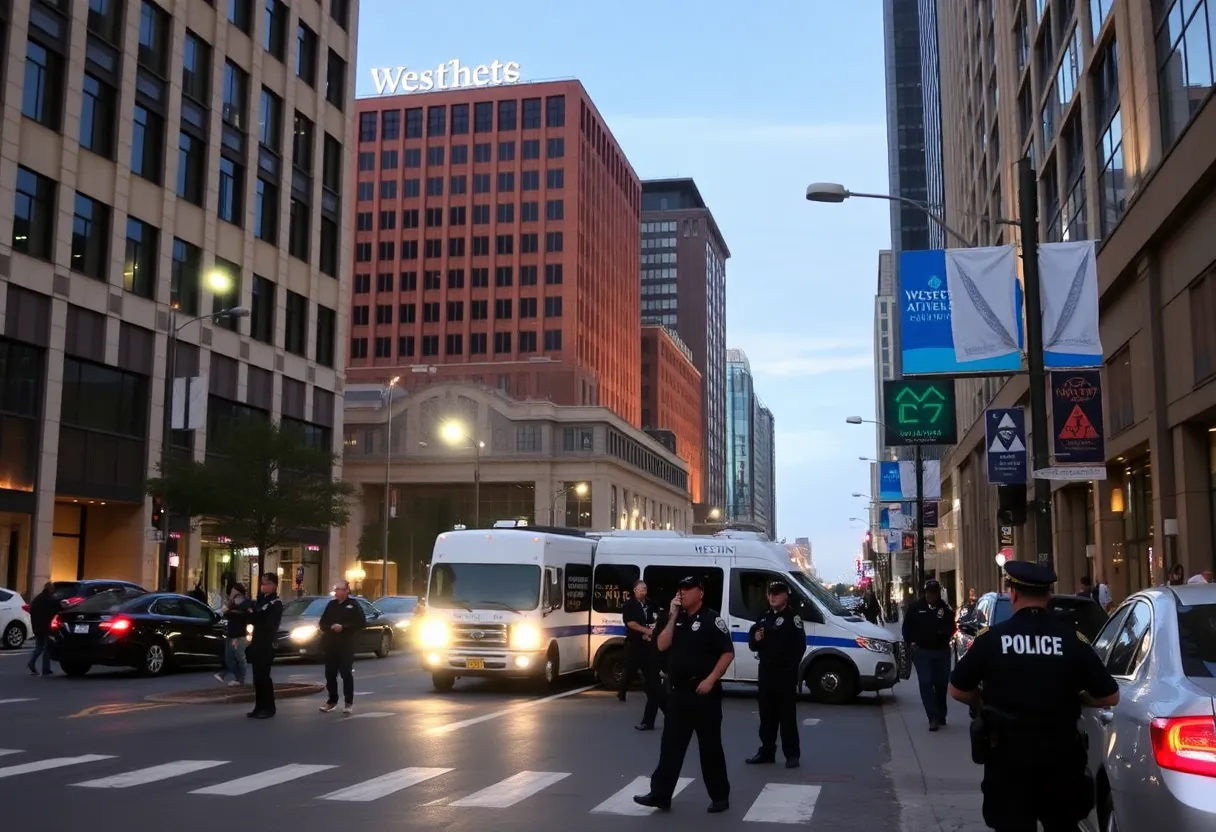 Westin Hotel in downtown Memphis with police activity