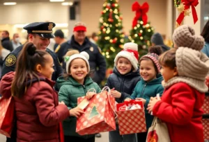 Children shopping with police officers at the Memphis 'Shop With A Cop' event during the holiday season.