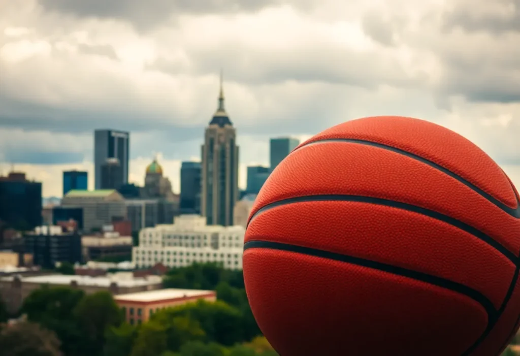 View of Memphis skyline featuring a basketball in the foreground