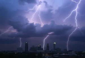 Storm clouds over Memphis with lightning