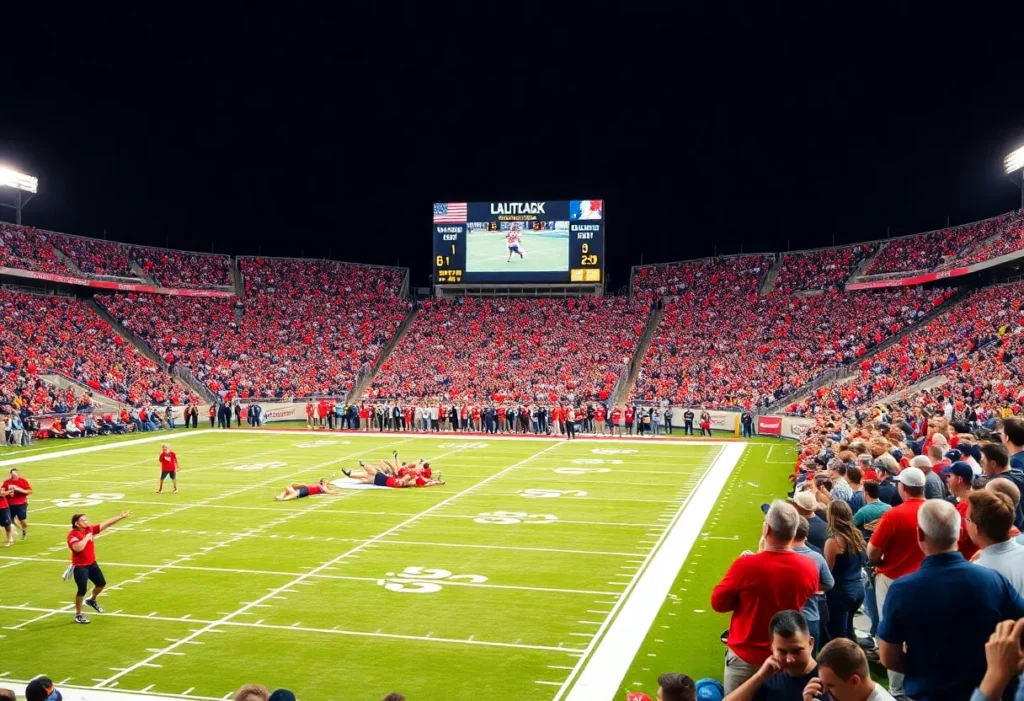 Energetic scene of Memphis Tigers football game with fans cheering.